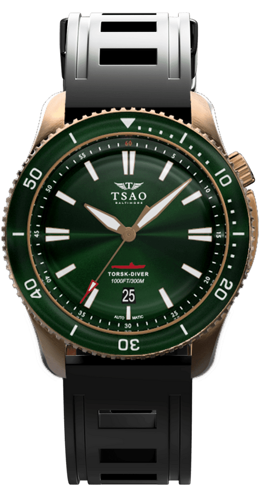 BRONZE TORSK-DIVER - EMERALD GREEN Watches Tsao Baltimore DOMED SAPPHIRE NATURAL RUBBER 